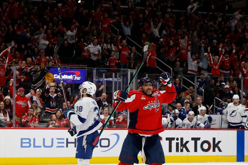 Mar 1, 2025; Washington, District of Columbia, USA; Washington Capitals left wing Alex Ovechkin (8) celebrates after scoring a goal against the Tampa Bay Lightning in the third period at Capital One Arena. Mandatory Credit: Geoff Burke-Imagn Images