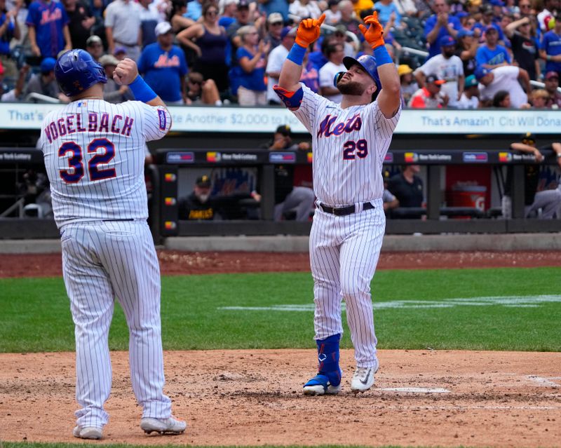 Aug 16, 2023; New York City, New York, USA; New York Mets right fielder DJ Steward (29) reacts to hitting a two run home run as he crosses home plate against the Pittsburgh Pirates during the fifth inning at Citi Field. Mandatory Credit: Gregory Fisher-USA TODAY Sports