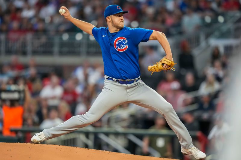 Sep 27, 2023; Cumberland, Georgia, USA; Chicago Cubs starting pitcher Jameson Taillon (50) pitches against the Atlanta Braves during the first inning at Truist Park. Mandatory Credit: Dale Zanine-USA TODAY Sports