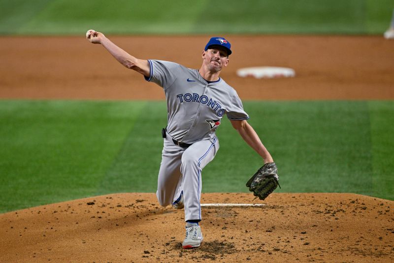 Sep 17, 2024; Arlington, Texas, USA; Toronto Blue Jays starting pitcher Chris Bassitt (40) pitches against the Texas Rangers during the first inning at Globe Life Field. Mandatory Credit: Jerome Miron-Imagn Images