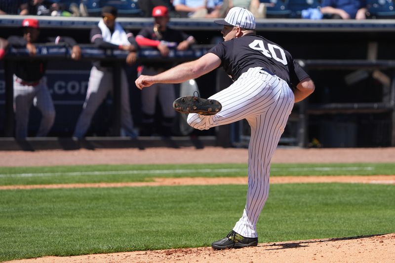 Mar 6, 2025; Tampa, Florida, USA; New York Yankees pitcher Will Bryan (40) throws a pitch against the Minnesota Twins during the second inning at George M. Steinbrenner Field. Mandatory Credit: Dave Nelson-Imagn Images