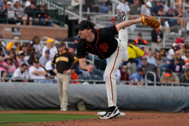 Feb 28, 2023; Scottsdale, Arizona, USA; San Francisco Giants starting pitcher Ross Stripling (48) throws against the San Diego Padres in the third inning at Scottsdale Stadium. Mandatory Credit: Rick Scuteri-USA TODAY Sports