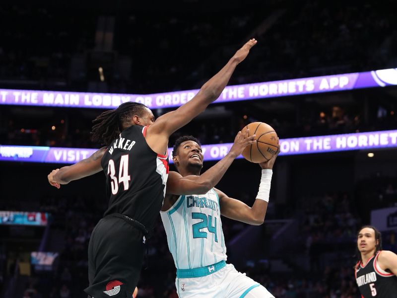 CHARLOTTE, NC - APRIL 3:  Brandon Miller #24 of the Charlotte Hornets drives to the basket during the game against the Portland Trail Blazers on April 3, 2024 at Spectrum Center in Charlotte, North Carolina. NOTE TO USER: User expressly acknowledges and agrees that, by downloading and or using this photograph, User is consenting to the terms and conditions of the Getty Images License Agreement.  Mandatory Copyright Notice:  Copyright 2024 NBAE (Photo by Brock Williams-Smith/NBAE via Getty Images)