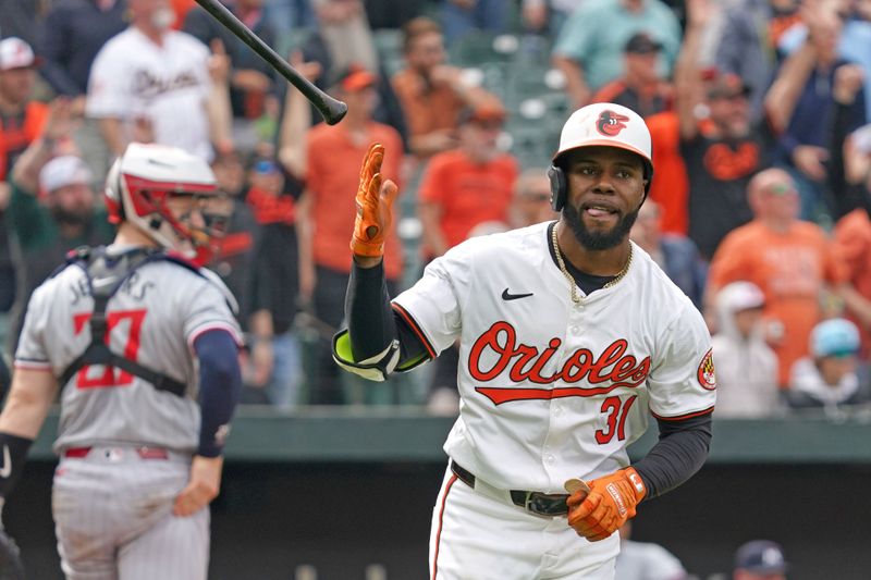 Apr 17, 2024; Baltimore, Maryland, USA; Baltimore Orioles outfielder Cedric Mullins (31) reacts following his game winning two run home run in the ninth inning against the Minnesota Twins at Oriole Park at Camden Yards. Mandatory Credit: Mitch Stringer-USA TODAY Sports