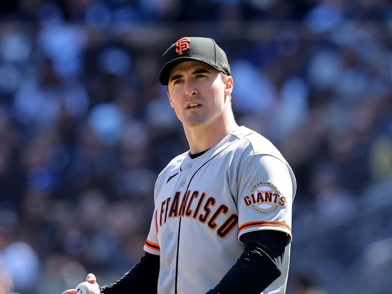 Apr 2, 2023; Bronx, New York, USA; San Francisco Giants starting pitcher Ross Stripling (48) reacts during the first inning against the New York Yankees at Yankee Stadium. Mandatory Credit: Brad Penner-USA TODAY Sports