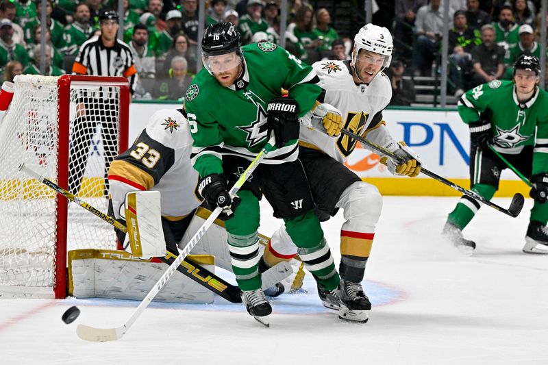 May 1, 2024; Dallas, Texas, USA; Dallas Stars center Joe Pavelski (16) and Vegas Golden Knights defenseman Brayden McNabb (3) chase the puck in the Vegas zone during the second period in game five of the first round of the 2024 Stanley Cup Playoffs at the American Airlines Center. Mandatory Credit: Jerome Miron-USA TODAY Sports