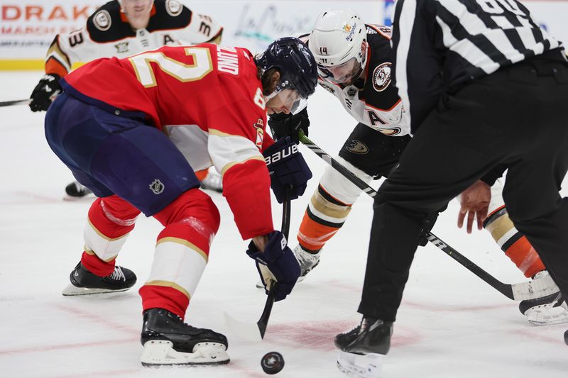 Jan 15, 2024; Sunrise, Florida, USA; Florida Panthers defenseman Brandon Montour (62) and Anaheim Ducks center Adam Henrique (14) face-off during the first period at Amerant Bank Arena. Mandatory Credit: Sam Navarro-USA TODAY Sports