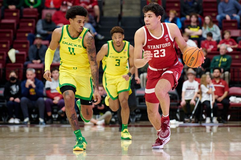 Jan 21, 2023; Stanford, California, USA; Stanford Cardinal forward Brandon Angel (23) dribbles against Oregon Ducks guard Rivaldo Soares (11) and guard Keeshawn Barthelemy (3) during the second half at Maples Pavilion. Mandatory Credit: Robert Edwards-USA TODAY Sports