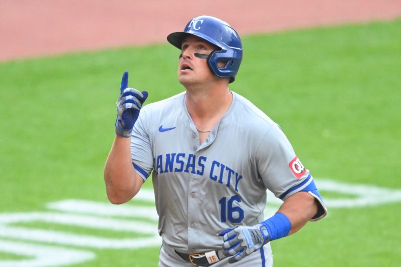 Jun 4, 2024; Cleveland, Ohio, USA; Kansas City Royals right fielder Hunter Renfroe (16) celebrates his solo home run in the third inning against the Cleveland Guardians at Progressive Field. Mandatory Credit: David Richard-USA TODAY Sports