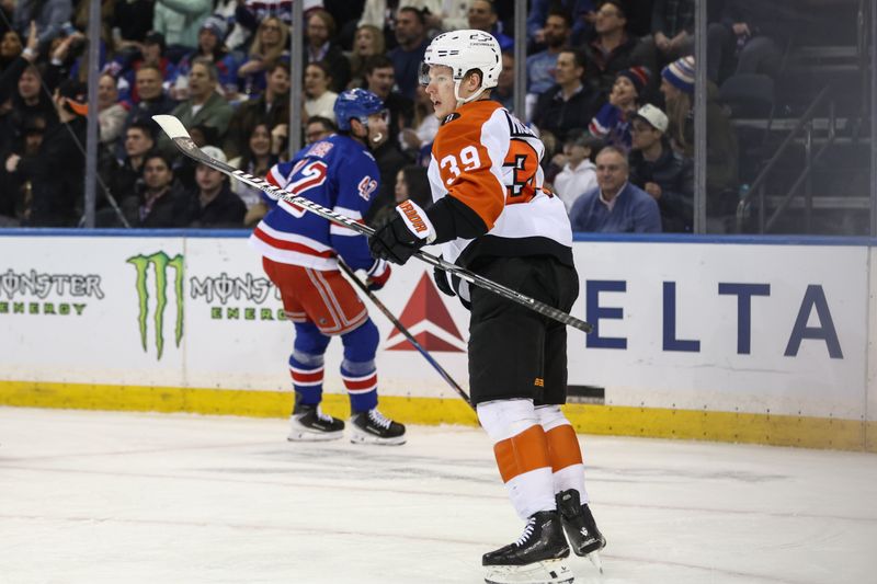 Feb 26, 2026; New York, New York, USA;  Philadelphia Flyers right wing Matvei Michkov (39) celebrates after scoring a goal in the second period against the New York Rangers at Madison Square Garden. Mandatory Credit: Wendell Cruz-Imagn Images