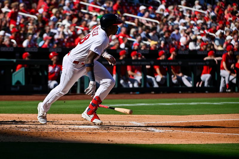 Oct 1, 2023; St. Louis, Missouri, USA;  St. Louis Cardinals right fielder Jordan Walker (18) hits a one run double against the Cincinnati Reds during the third inning at Busch Stadium. Mandatory Credit: Jeff Curry-USA TODAY Sports