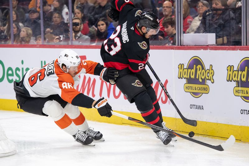 Nov 14, 2024; Ottawa, Ontario, CAN; Philadelphia Flyers left wing Joel Farabee (86) battles with Ottawa Senators defenseman Travis Hamonic (23) for control of the puck in the second period at the Canadian Tire Centre. Mandatory Credit: Marc DesRosiers-Imagn Images