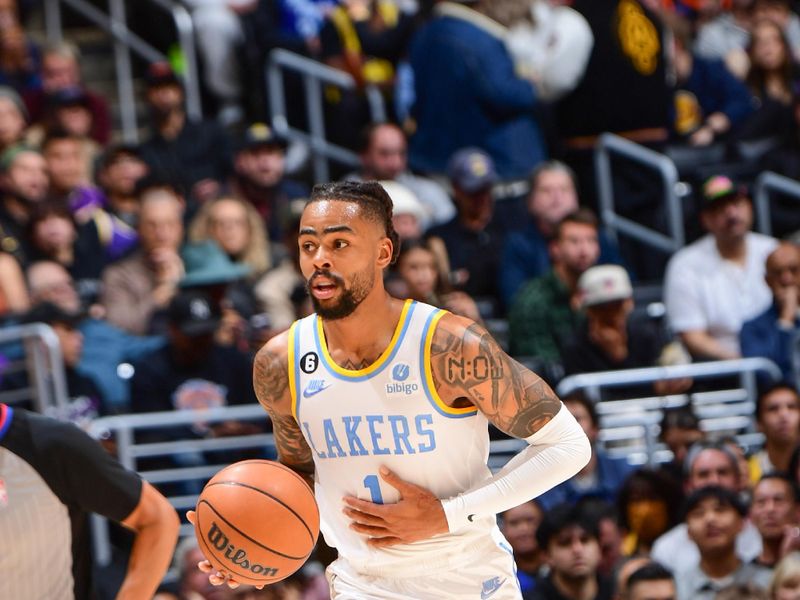 LOS ANGELES, CA - MARCH 12:  D'Angelo Russell #1 of the Los Angeles Lakers goes to the basket during the game on March 12, 2023 at Crypto.Com Arena in Los Angeles, California. NOTE TO USER: User expressly acknowledges and agrees that, by downloading and/or using this Photograph, user is consenting to the terms and conditions of the Getty Images License Agreement. Mandatory Copyright Notice: Copyright 2023 NBAE (Photo by Adam Pantozzi/NBAE via Getty Images)