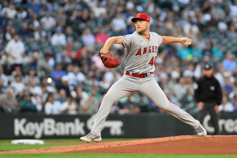 Sep 11, 2023; Seattle, Washington, USA; Los Angeles Angels starting pitcher Reid Detmers (48) pitches to the Seattle Mariners during the first inning at T-Mobile Park. Mandatory Credit: Steven Bisig-USA TODAY Sports