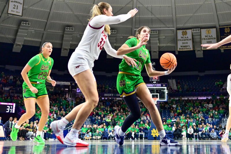 Feb 29, 2024; South Bend, Indiana, USA; Notre Dame Fighting Irish guard Sonia Citron (11) drives to the basket as Virginia Tech Hokies center Elizabeth Kitley (33) defends in the first half at the Purcell Pavilion. Mandatory Credit: Matt Cashore-USA TODAY Sports