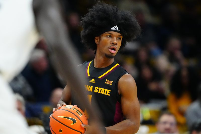 Jan 28, 2025; Boulder, Colorado, USA; Arizona State Sun Devils guard Alston Mason (1) controls the ball in the first half against the Colorado Buffaloes at CU Events Center. Mandatory Credit: Ron Chenoy-Imagn Images
