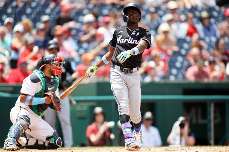 Jun 16, 2024; Washington, District of Columbia, USA; Miami Marlins outfielder Jazz Chisholm Jr. (2) strikes out during the third inning in a game against the Washington Nationals at Nationals Park. Mandatory Credit: Daniel Kucin Jr.-USA TODAY Sports