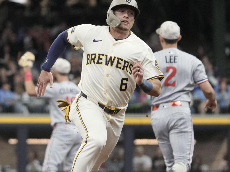 May 18, 2025; Milwaukee, Wisconsin, USA; Milwaukee Brewers outfielder Isaac Collins (6) runs to third base from first base against the Minnesota Twins in the third inning at American Family Field. Mandatory Credit: Michael McLoone-Imagn Images