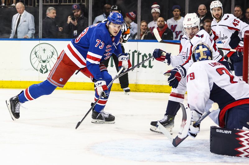 Apr 21, 2024; New York, New York, USA; New York Rangers center Matt Rempe (73) scores a goal in the second period against the Washington Capitals in game one of the first round of the 2024 Stanley Cup Playoffs at Madison Square Garden. Mandatory Credit: Wendell Cruz-USA TODAY Sports