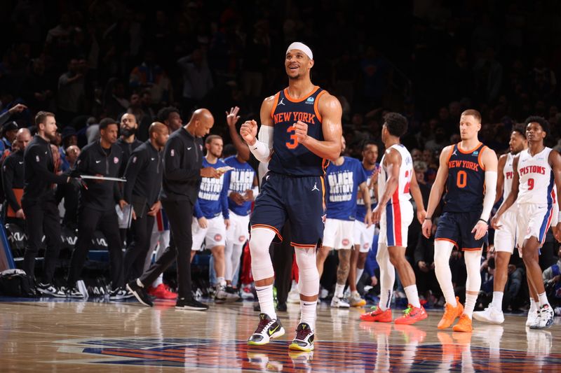 NEW YORK, NY - FEBRUARY 26: Josh Hart #3 of the New York Knicks celebrates during the game against the Detroit Pistons on February 26, 2024 at Madison Square Garden in New York City, New York.  NOTE TO USER: User expressly acknowledges and agrees that, by downloading and or using this photograph, User is consenting to the terms and conditions of the Getty Images License Agreement. Mandatory Copyright Notice: Copyright 2024 NBAE  (Photo by Nathaniel S. Butler/NBAE via Getty Images)