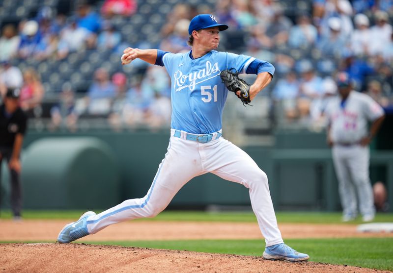 Aug 3, 2023; Kansas City, Missouri, USA; Kansas City Royals starting pitcher Brady Singer (51) pitches against the New York Mets during the sixth inning at Kauffman Stadium. Mandatory Credit: Jay Biggerstaff-USA TODAY Sports