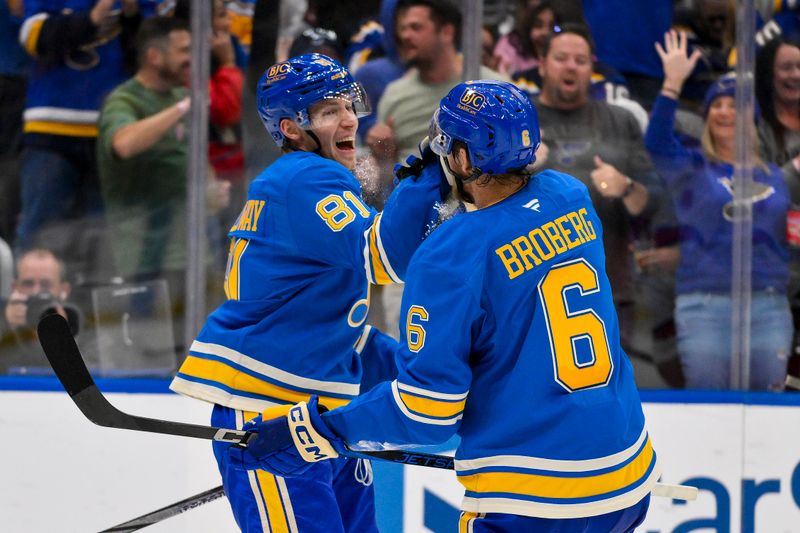 Oct 19, 2024; St. Louis, Missouri, USA;  St. Louis Blues center Dylan Holloway (81) celebrates with defenseman Philip Broberg (6) after scoring against the Carolina Hurricanes during the second period at Enterprise Center. Mandatory Credit: Jeff Curry-Imagn Images