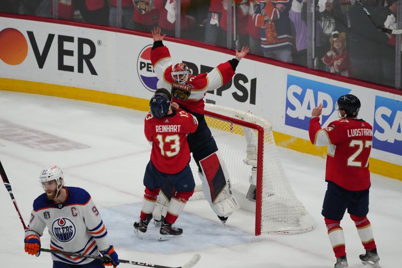 Jun 24, 2024; Sunrise, Florida, USA; Florida Panthers celebrate winning against the Edmonton Oilers in game seven of the 2024 Stanley Cup Final at Amerant Bank Arena. Mandatory Credit: Jim Rassol-USA TODAY Sports