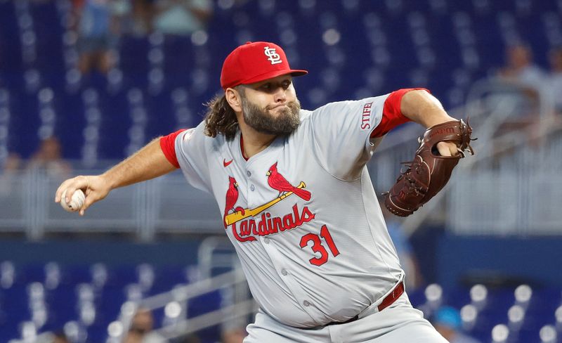 Jun 18, 2024; Miami, Florida, USA; St. Louis Cardinals starting pitcher Lance Lynn (31) against the Miami Marlins in the first inning at loanDepot Park. Mandatory Credit: Rhona Wise-USA TODAY Sports