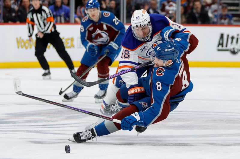 Jan 16, 2025; Denver, Colorado, USA; Edmonton Oilers left wing Zach Hyman (18) and Colorado Avalanche defenseman Cale Makar (8) battle for the puck in the first period at Ball Arena. Mandatory Credit: Isaiah J. Downing-Imagn Images