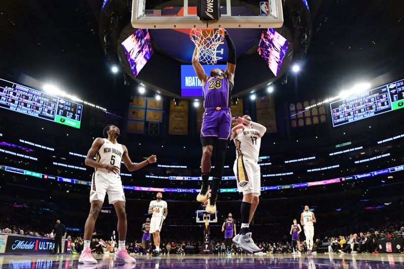 LOS ANGELES, CA - FEBRUARY 9:  Rui Hachimura #28 of the Los Angeles Lakers dunks the ball during the game against the New Orleans Pelicans on February 9, 2024 at Crypto.Com Arena in Los Angeles, California. NOTE TO USER: User expressly acknowledges and agrees that, by downloading and/or using this Photograph, user is consenting to the terms and conditions of the Getty Images License Agreement. Mandatory Copyright Notice: Copyright 2024 NBAE (Photo by Adam Pantozzi/NBAE via Getty Images)