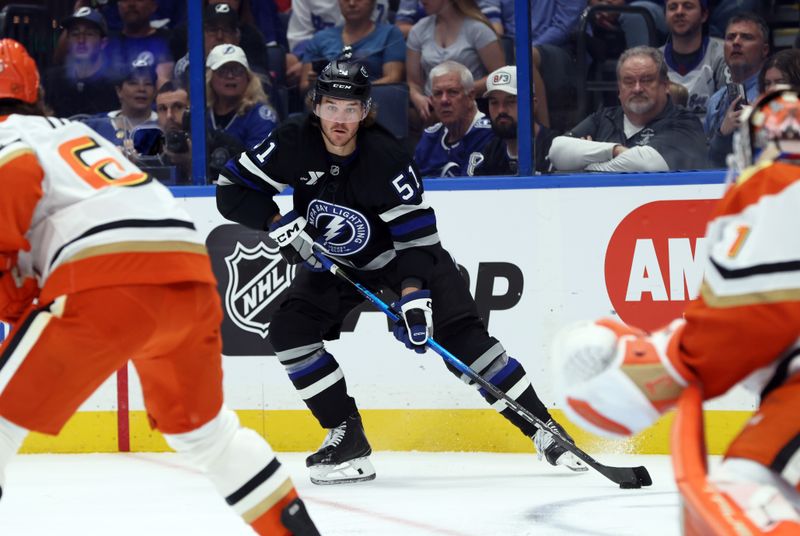 Oct 25, 2025; Tampa, Florida, USA;Tampa Bay Lightning defenseman Charle-Edouard D'Astous (51) skates with the puck against the Anaheim Ducks during the first period at Benchmark International Arena. Mandatory Credit: Kim Klement Neitzel-Imagn Images