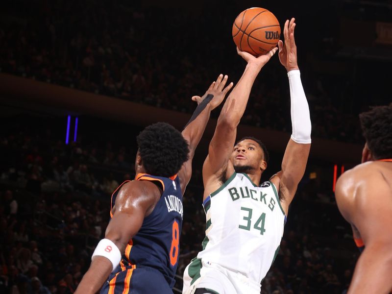 NEW YORK, NY - NOVEMBER 8: Giannis Antetokounmpo #34 of the Milwaukee Bucks shoots the ball during the game against the New York Knicks on November 8, 2024 at Madison Square Garden in New York City, New York.  NOTE TO USER: User expressly acknowledges and agrees that, by downloading and or using this photograph, User is consenting to the terms and conditions of the Getty Images License Agreement. Mandatory Copyright Notice: Copyright 2024 NBAE  (Photo by Nathaniel S. Butler/NBAE via Getty Images)