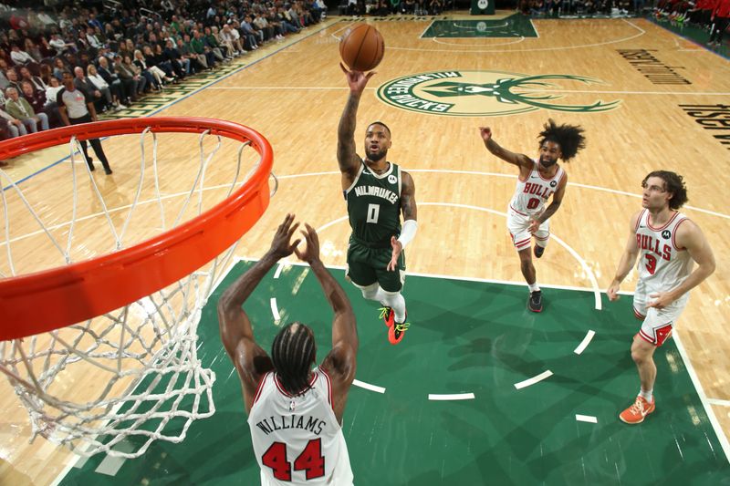 MILWAUKEE, WI - OCTOBER 25: Damian Lillard #0 of the Milwaukee Bucks shoots the ball during the game against the Chicago Bulls on October 25, 2024 at the Fiserv Forum Center in Milwaukee, Wisconsin. NOTE TO USER: User expressly acknowledges and agrees that, by downloading and or using this Photograph, user is consenting to the terms and conditions of the Getty Images License Agreement. Mandatory Copyright Notice: Copyright 2024 NBAE (Photo by Gary Dineen/NBAE via Getty Images).