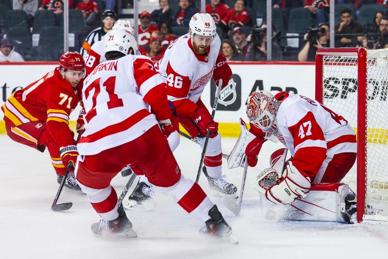 Feb 17, 2024; Calgary, Alberta, CAN; Detroit Red Wings goaltender James Reimer (47) makes a save against the Calgary Flames during the third period at Scotiabank Saddledome. Mandatory Credit: Sergei Belski-USA TODAY Sports