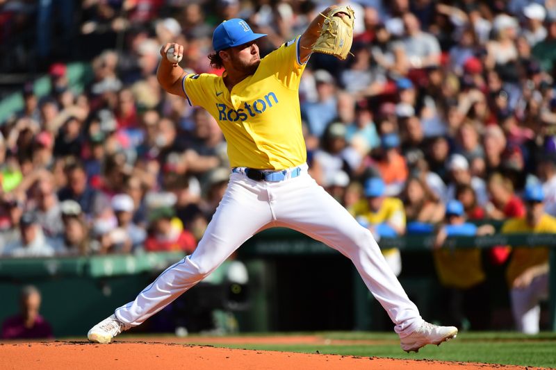 Aug 24, 2024; Boston, Massachusetts, USA;  Boston Red Sox starting pitcher Kutter Crawford (50) pitches during the second inning against the Arizona Diamondbacks at Fenway Park. Mandatory Credit: Bob DeChiara-USA TODAY Sports