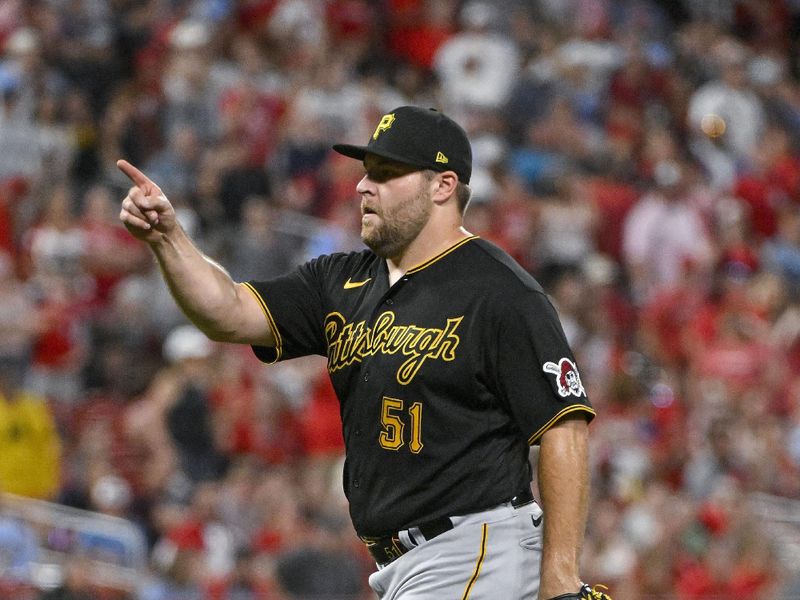 Sep 2, 2023; St. Louis, Missouri, USA;  Pittsburgh Pirates relief pitcher David Bednar (51) reacts after closing out the ninth inning in a victory over the St. Louis Cardinals at Busch Stadium. Mandatory Credit: Jeff Curry-USA TODAY Sports