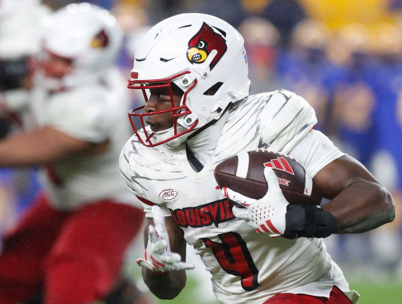 Oct 14, 2023; Pittsburgh, Pennsylvania, USA; Louisville Cardinals running back Maurice Turner (4) carries the ball against the Pittsburgh Panthers during the third quarter at Acrisure Stadium. Pittsburgh won 38-21.Mandatory Credit: Charles LeClaire-USA TODAY Sports