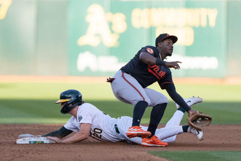 Jul 5, 2024; Oakland, California, USA;  Oakland Athletics second base Zack Gelof (20) slides at second base during the second inning against Baltimore Orioles second base Jorge Mateo (3) at Oakland-Alameda County Coliseum. Mandatory Credit: Stan Szeto-USA TODAY Sports