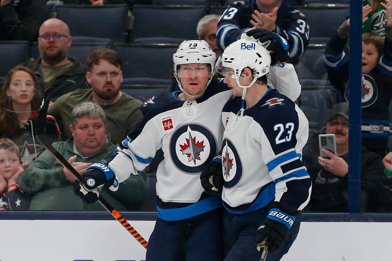 Mar 17, 2024; Columbus, Ohio, USA; Winnipeg Jets right wing Tyler Toffoli celebrates his goal against the Columbus Blue Jackets during the third period at Nationwide Arena. Mandatory Credit: Russell LaBounty-USA TODAY Sports