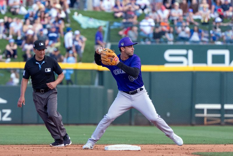 Mar 9, 2024; Mesa, Arizona, USA; Colorado Rockies infielder Coco Montes (85) makes the throw to first base against the Chicago Cubs in the ninth inning during a spring training game at Sloan Park. Mandatory Credit: Allan Henry-USA TODAY Sports