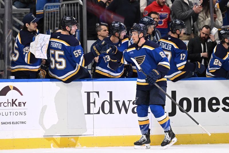 Feb 26, 2026; St. Louis, Missouri, USA; St. Louis Blues left wing Dylan Holloway (81) celebrates with teammates after scoring a goal against the Seattle Kraken in the first period at Enterprise Center. Mandatory Credit: Joe Puetz-Imagn Images