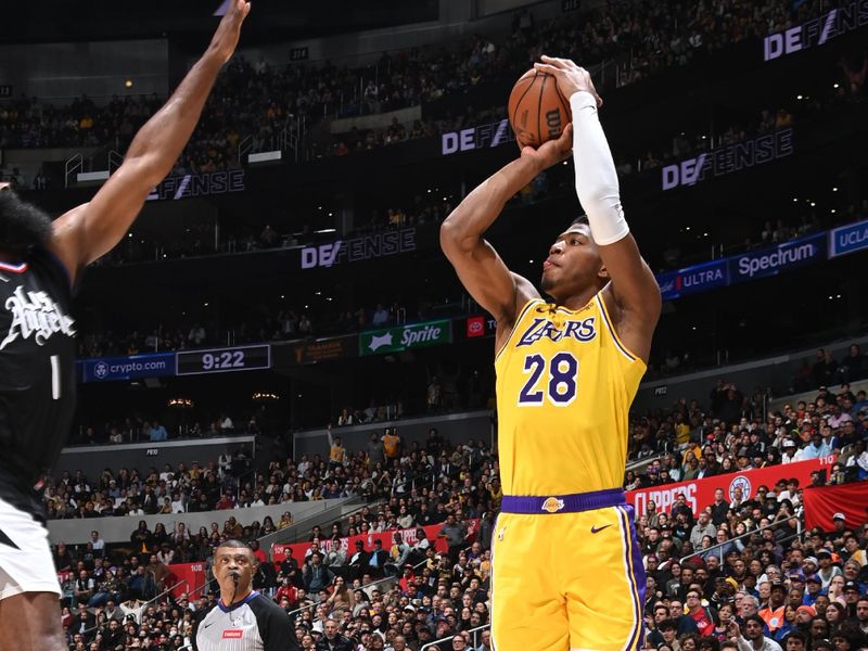 LOS ANGELES, CA - FEBRUARY 28: Rui Hachimura #28 of the Los Angeles Lakers shoots the ball during the game against the LA Clippers on February 28, 2024 at Crypto.Com Arena in Los Angeles, California. NOTE TO USER: User expressly acknowledges and agrees that, by downloading and/or using this Photograph, user is consenting to the terms and conditions of the Getty Images License Agreement. Mandatory Copyright Notice: Copyright 2024 NBAE (Photo by Andrew D. Bernstein/NBAE via Getty Images)