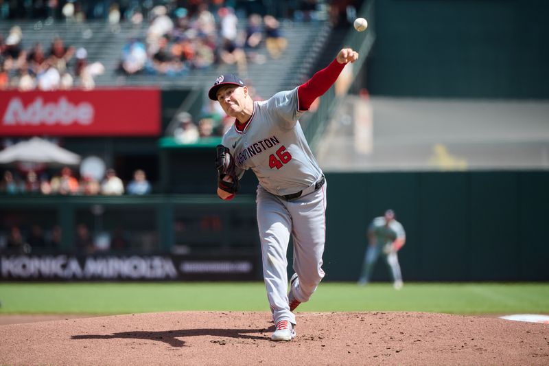 Apr 10, 2024; San Francisco, California, USA; Washington Nationals starting pitcher Patrick Corbin (46) throws a pitch against the San Francisco Giants during the first inning at Oracle Park. Mandatory Credit: Robert Edwards-USA TODAY Sports