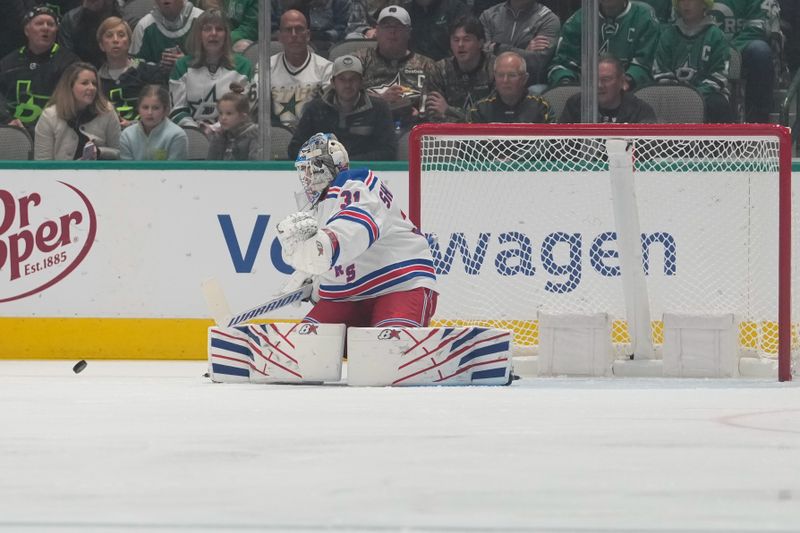 Oct 29, 2022; Dallas, Texas, USA;  New York Rangers goaltender Igor Shesterkin (31) defends the goal against the Dallas Stars during the first period at American Airlines Center. Mandatory Credit: Chris Jones-USA TODAY Sports