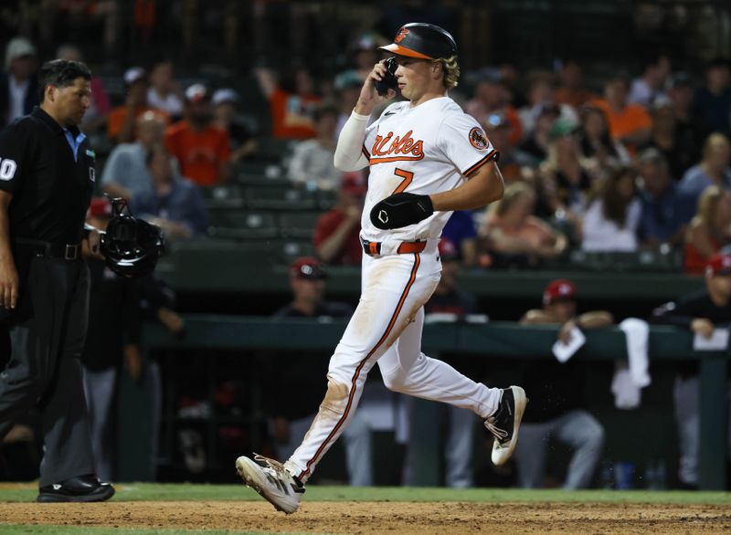Mar 14, 2025; Sarasota, Florida, USA; Baltimore Orioles second base Jackson Holliday (7) scores a run during the fifth inning against the Minnesota Twins  at Ed Smith Stadium. Mandatory Credit: Kim Klement Neitzel-Imagn Images