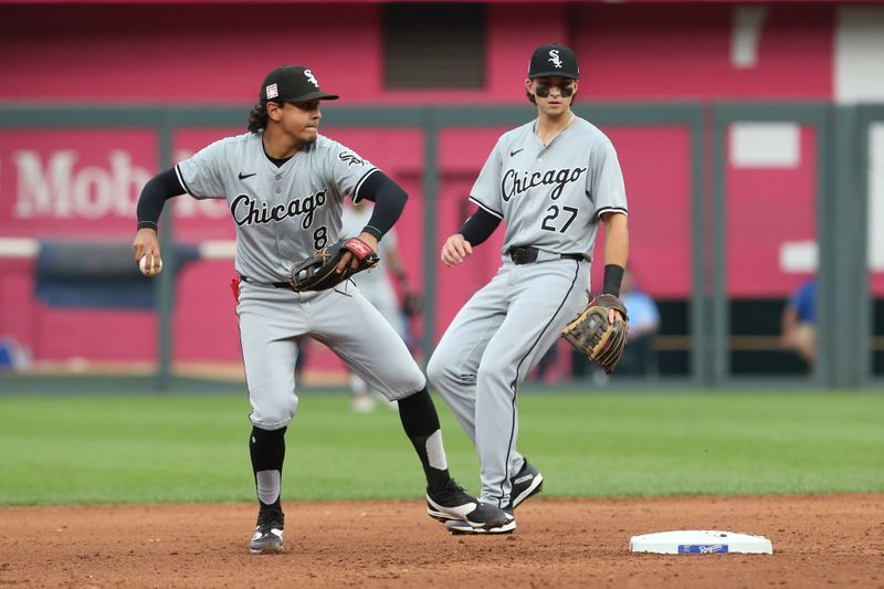 Jul 20, 2024; Kansas City, Missouri, USA; Chicago White Sox shortstop Nicky Lopez (8) makes a force-out at second base against the Kansas City Royals during the sixth inning at Kauffman Stadium. Mandatory Credit: Scott Sewell-USA TODAY Sports