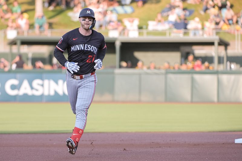 Jun 4, 2025; West Sacramento, California, USA; Minnesota Twins catcher Ryan Jeffers (27) rounds the bases after hitting a home run during the first inning against the Athletics at Sutter Health Park. Mandatory Credit: Ed Szczepanski-Imagn Images
