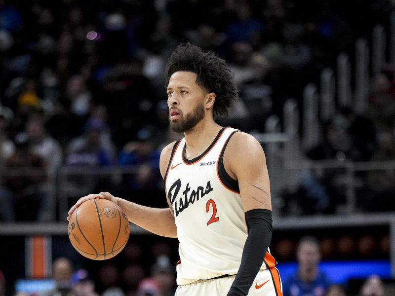 DETROIT, MICHIGAN - JANUARY 09: Cade Cunningham #2 of the Detroit Pistons handles the ball against the Golden State Warriors at Little Caesars Arena on January 09, 2025 in Detroit, Michigan. NOTE TO USER: User expressly acknowledges and agrees that, by downloading and or using this photograph, User is consenting to the terms and conditions of the Getty Images License Agreement. (Photo by Nic Antaya/Getty Images)