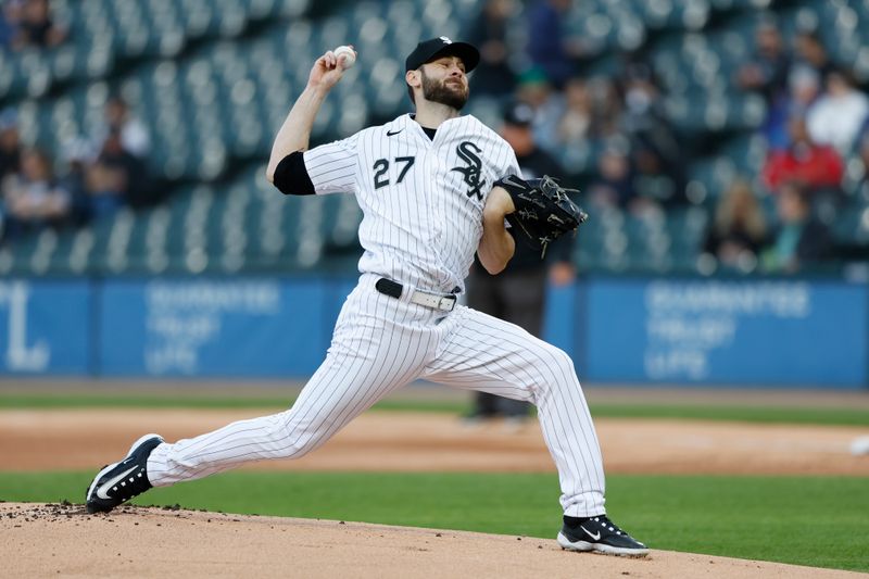 Apr 28, 2023; Chicago, Illinois, USA; Chicago White Sox starting pitcher Lucas Giolito (27) delivers against the Tampa Bay Rays during the first inning at Guaranteed Rate Field. Mandatory Credit: Kamil Krzaczynski-USA TODAY Sports