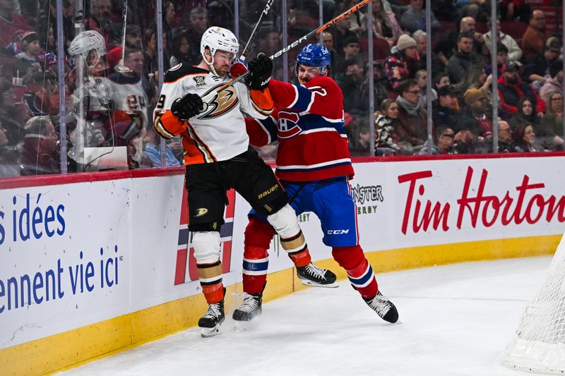 Feb 13, 2024; Montreal, Quebec, CAN; Montreal Canadiens defenseman Arber Xhekaj (72) checks Anaheim Ducks left wing Max Jones (49) into the boards during the first period at Bell Centre. Mandatory Credit: David Kirouac-USA TODAY Sports